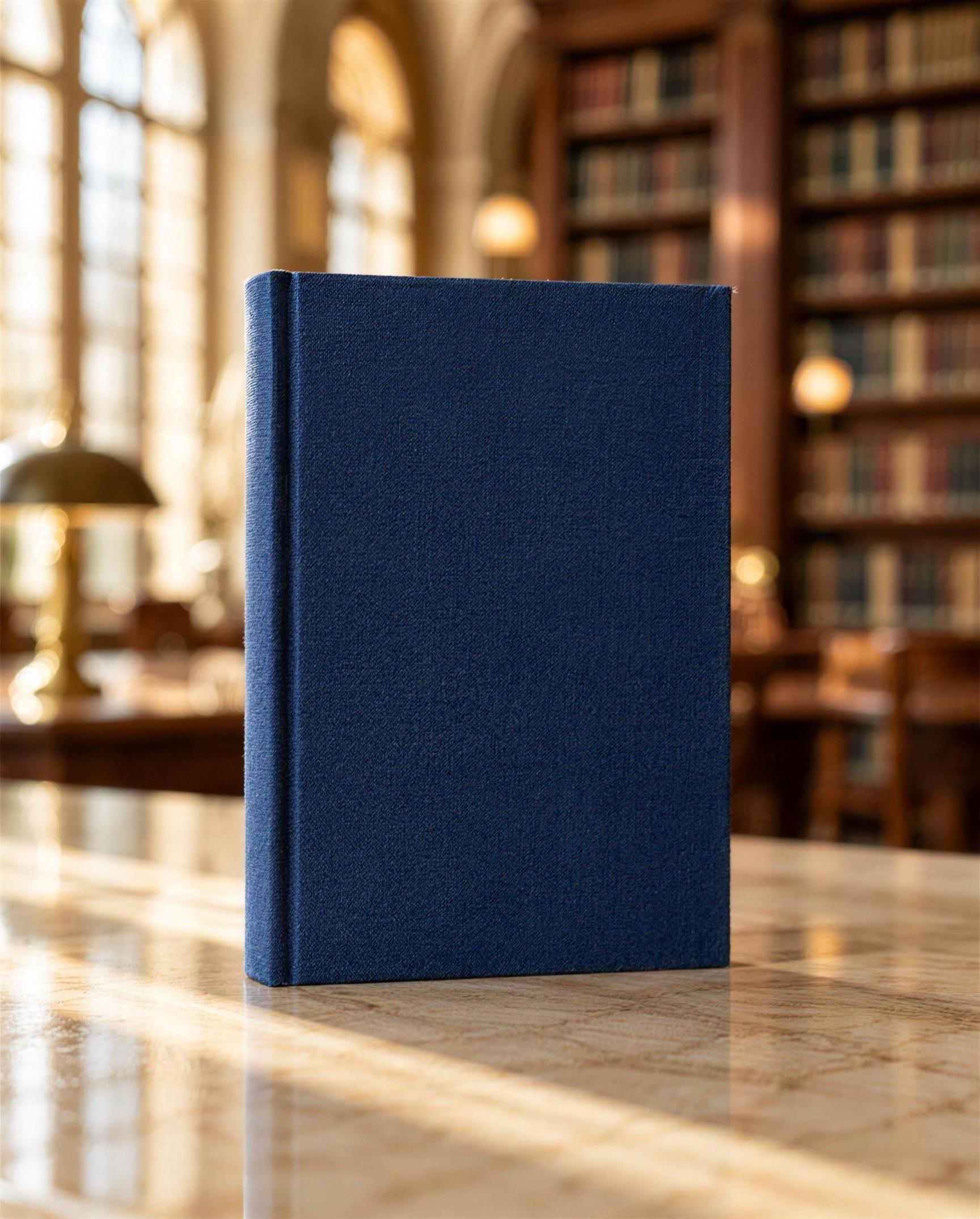A navy cloth-bound book standing on a marble counter in a grand library, sunlight falling across the shelves behind it.
